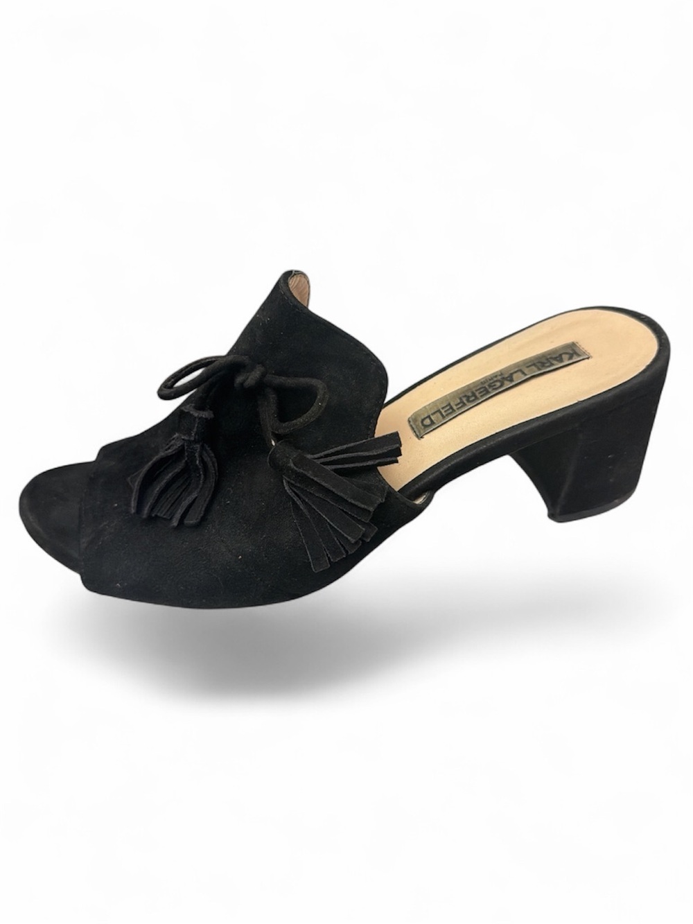 Karl Lagerfeld Paris Hettie Black Suede Tassel Peep Toe Mules EUC size 8